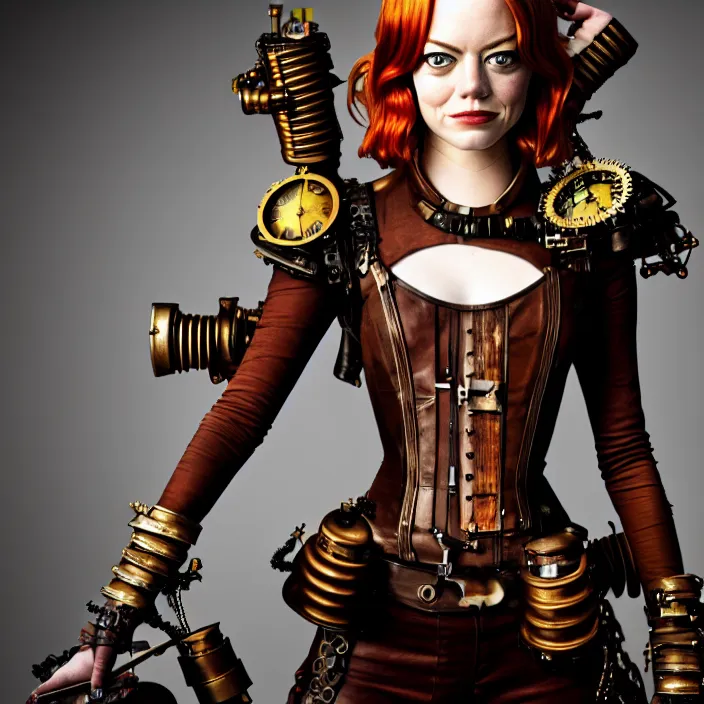 Image similar to full body photograph of emma stone as a steampunk warrior, Extremely detailed. 8k