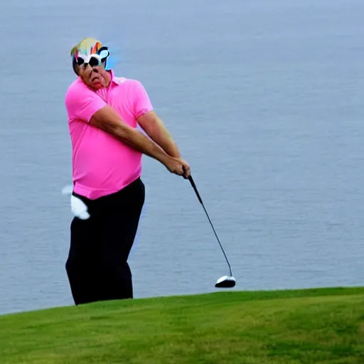 Image similar to donald trump wearing a pink mankini playing golf