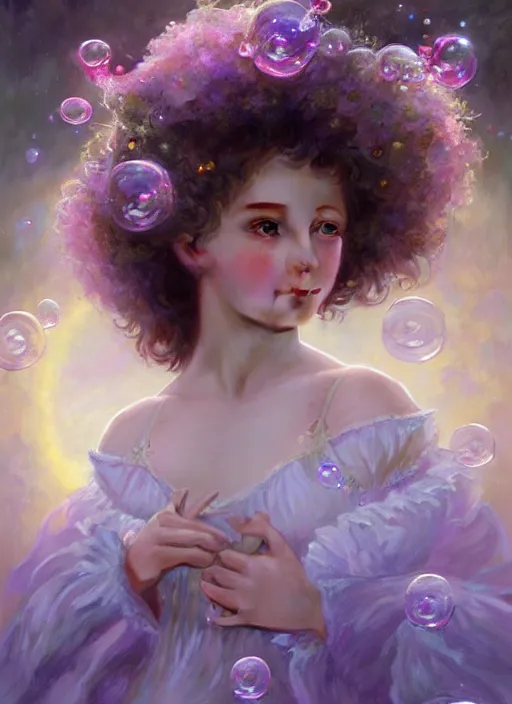 Prompt: portrait of magical russian child, dreamy and ethereal, lavender and pink eyes, peaceful expression, ornate frilly dress, fantasy, intricate, elegant, rainbow bubbles, highly detailed, digital painting, artstation, concept art, smooth, sharp focus, illustration, art by artgerm and greg rutkowski and alphonse mucha