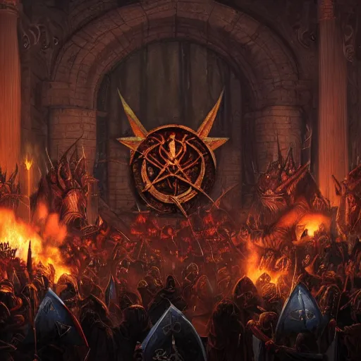 Image similar to satanists in masonic lodge during a medieval battle, warcraft style, realistic 4k octane beautifully detailed render, 4k post-processing, highly detailed, intricate complexity, epic composition, magical atmosphere, cinematic lighting, masterpiece, ultra hd