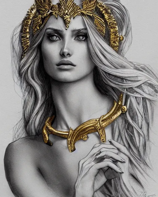 Image similar to tattoo design sketch of hot blonde super model as aphrodite greek goddess wearing a gold laurel wreath and triangle earrings, beautiful piercing gaze with sharp pupils, in the style of greg rutkowski, fantasy, amazing detail, epic, elegant, smooth, sharp focus, front view