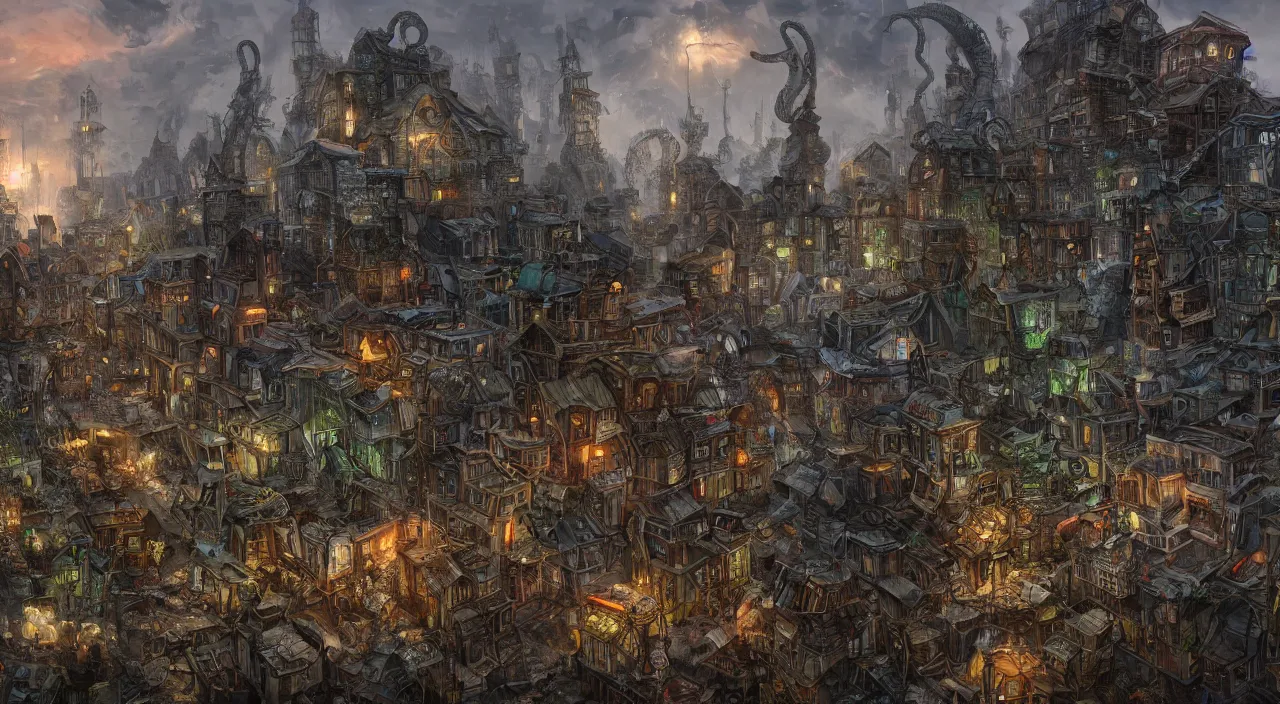 Prompt: lovecraftian town with living beings, large scale, breathtaking, mixed media, digital art, trending on artstation, 8k, epic composition, highly detailed, AAA graphics