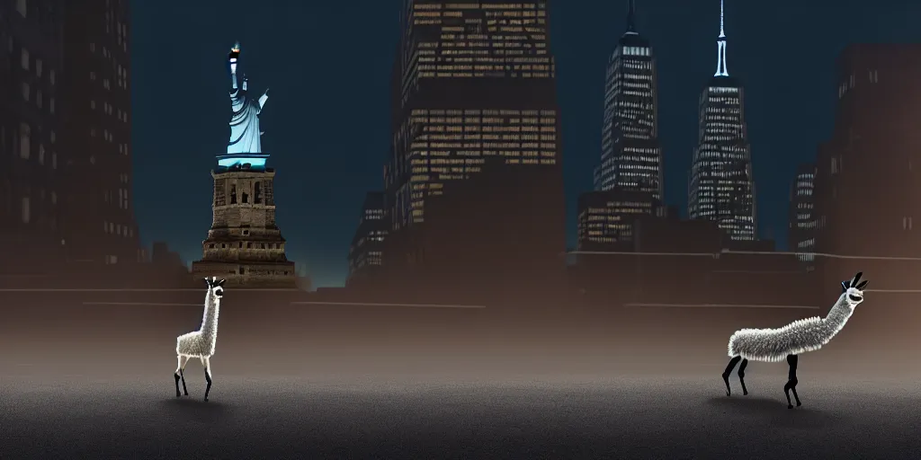 Image similar to a llama walking through a desolate manhattan city street at night, statue of liberty seen in the background, realistic 4 k octane beautifully detailed render, 4 k post - processing, highly detailed, detailed face, intricate complexity, epic composition, magical atmosphere, cinematic lighting, masterpiece, color picture, ultra hd