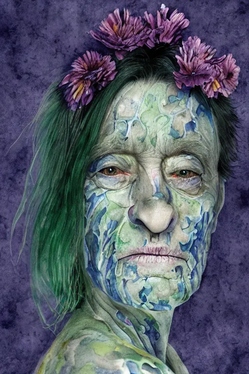 Image similar to portrait of a old person with aquarelle painted skin. close up, very dark blue-green hair, luminous eyes, dark flower pattern wallpaper background, high detail, by Eddie Mendoza