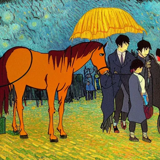 Image similar to painting of a tragic somber horse funeral, in the style of studio ghibli and moebius and vincent van gogh