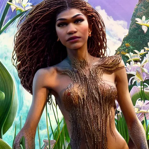 Image similar to zendaya as a dark - skinned mermaid la sirene haitian goddess, ultra - realistic, under water, white lilies, concept art, intricate details, bloom, highly detailed, photorealistic, octane render, 8 k, art by annie leibovitz and wlop and frank frazetta and simon bisley