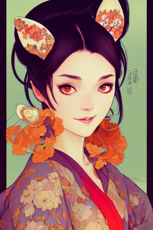 Image similar to A beautiful woman with fox ears who wears kimono, highly detailed, digital painting, artstation, concept art, smooth, sharp focus, illustration, art by artgerm and alphonse mucha, high definition digital art, in the style of Ross tran and ilya kuvshinov