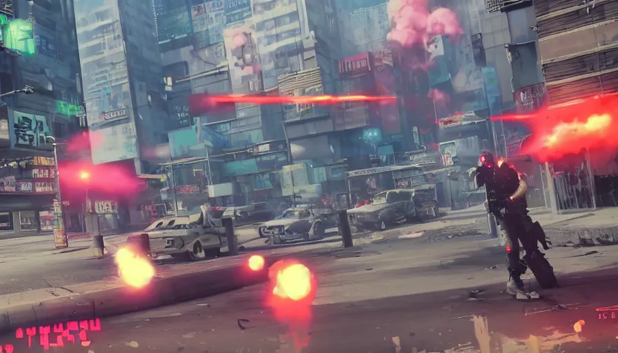 Image similar to 1988 Video Game Screenshot, Anime Neo-tokyo Cyborg bank robbers vs police, Set in Cyberpunk Bank Lobby, Multiplayer set-piece :9, Police officers under heavy fire, Police Calling for back up, Bullet Holes and Blood Splatter, :6 Smoke Grenades, Riot Shields, Large Caliber Sniper Fire, Chaos, Anime Cyberpunk, Anime Bullet VFX, Machine Gun Fire, Violent Gun Action, Shootout, Escape From Tarkov, Intruder, Payday 2, 8k :4 by Katsuhiro Otomo: 9