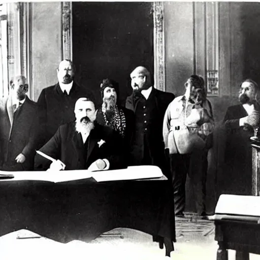 Prompt: black and white photograph from the early 1 9 0 0 s of fidel castro signing the declaration of independence with a giant!!!!! feathered!!! pen!!!!! wooden furniture out of focus in the background, high quality, hyperdetailed