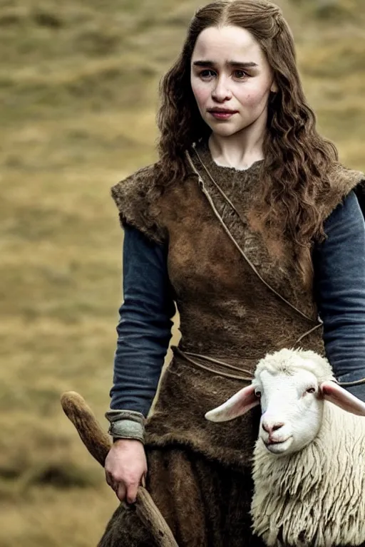 Prompt: Photo of Native Irish woman Emilia Clarke, portrait, skilled shepherdess of sheep, ancient, realistic, detailed, Emilia Clarke