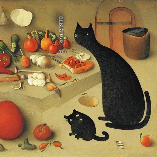 Prompt: the cat cooks soup, stirring a pot with a ladle and cutting vegetables, oil painting, drawn by Bosch