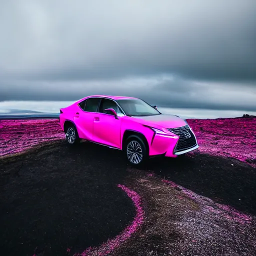 Image similar to a new lexus standing at the edge of a cliff in iceland, surrounded by magenta neon lines, moody sky