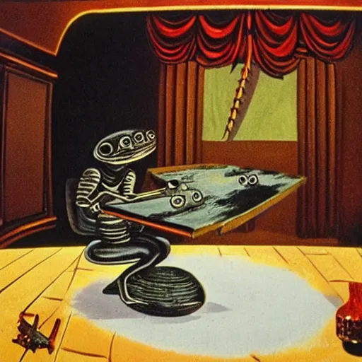 Prompt: a strange creature sits at a table, 70s sci fi art