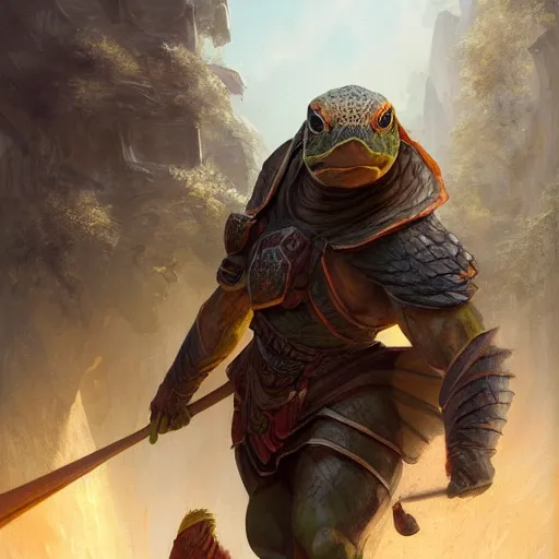 Image similar to a tortoise fantasy hero for hire, large turtle shell shield, no armor, dramatic light, high detail, fantasy background, painted by stanley lau, painted by greg rutkowski, painted by stanley artgerm, digital art, trending on artstation