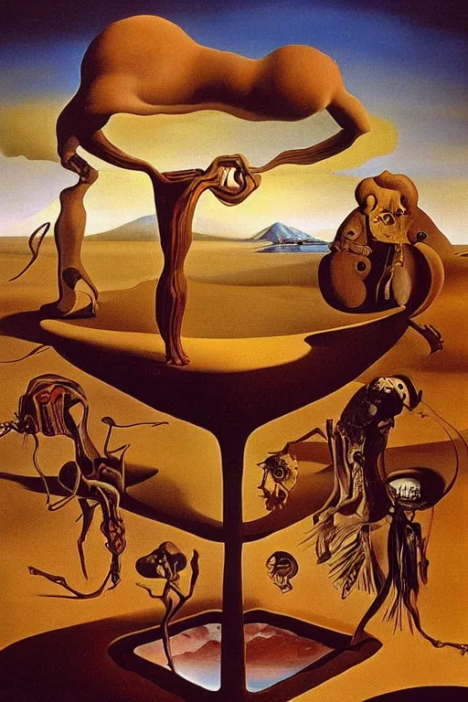 Image similar to surrealist painting by dali full of subtle hints, mystic characters and misleading perspectives, ultrastation hq, 8 l, hyperrealistic, very highly detailed