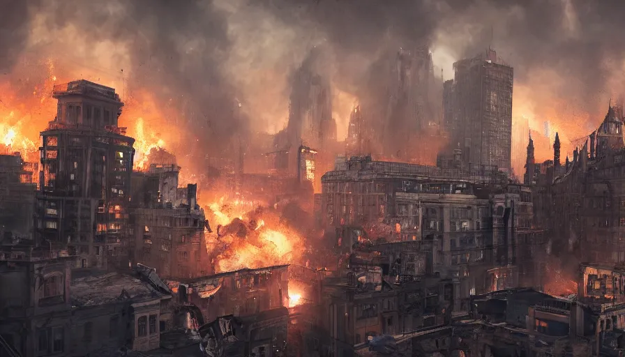 Image similar to movie scene of manchester under siege, fire, ashes and smoke columns, people on the roofs, zombies in the streets, hyperdetailed, artstation, cgsociety, 8 k