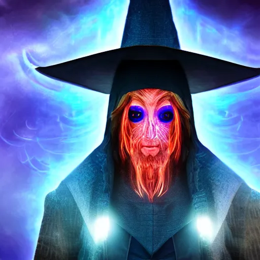 Image similar to a male wizard with glowing eyes, frontal view, cool looking, photoshop