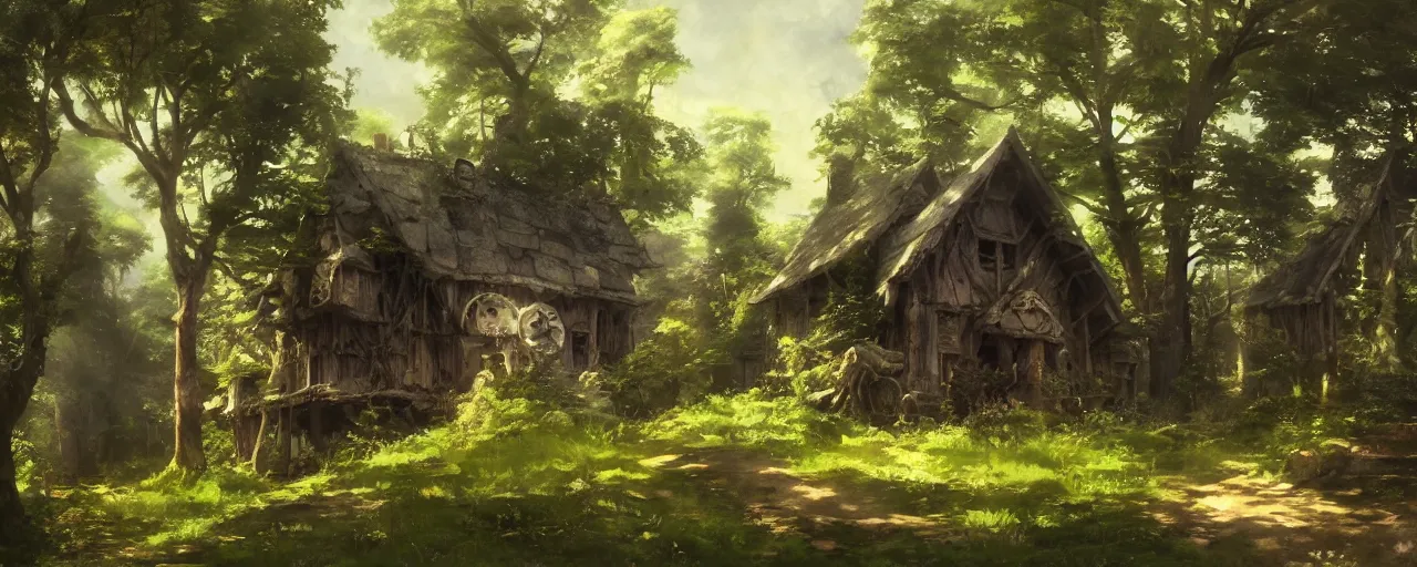 Image similar to a witches house nestled between the lush forest, trending on pixiv fanbox, painted by greg rutkowski makoto shinkai takashi takeuchi studio ghibli, eugene von guerard, ivan shishkin, john singer sargent