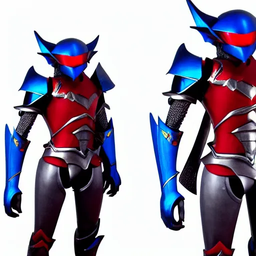 Prompt: High Fantasy Kamen Rider, blue armor with red secondary color, 4k, glowing eyes, daytime, dark grey rubber undersuit, dragon inspired armor