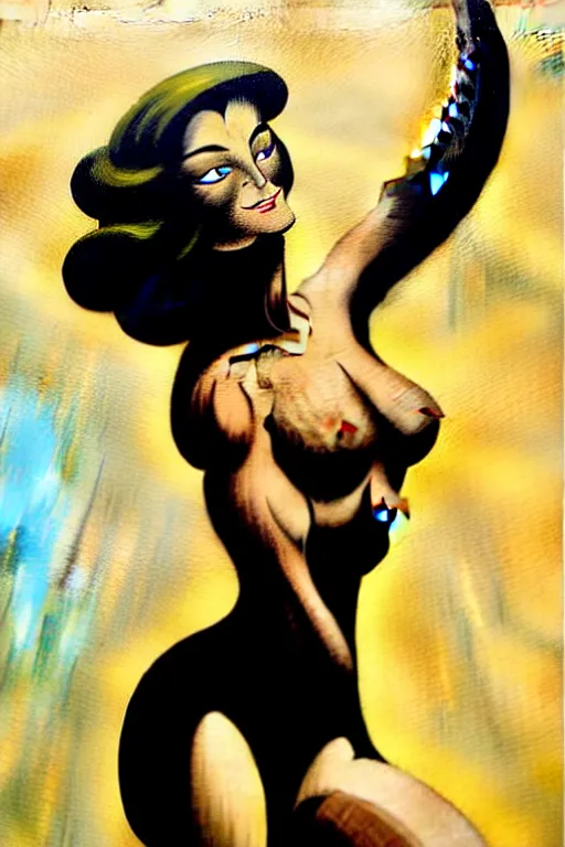 Prompt: beautiful woman by frank frazetta painted over a print of abstract suprematic painting