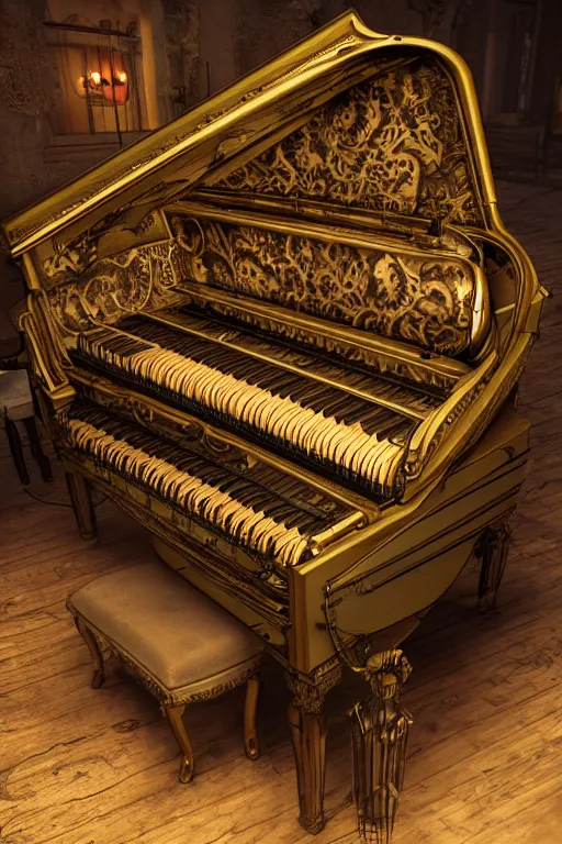 Prompt: Tonemapped Steampunk harpsichord, Artstation, Unreal Engine, photorealistic