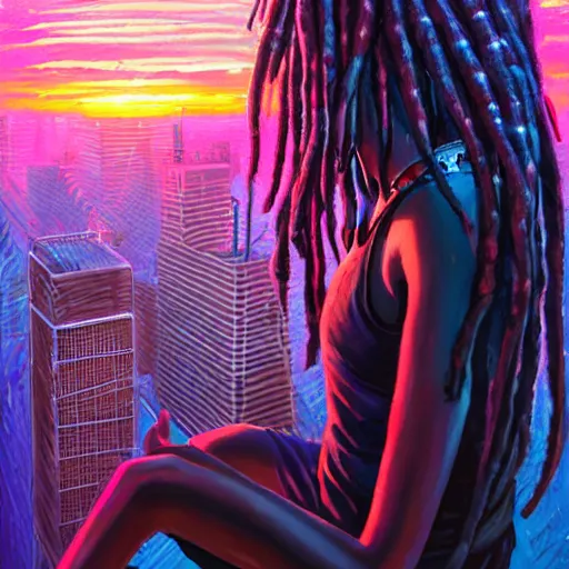 Prompt: a black girl with colorful dreadlocks sitting on top of a skyscraper in the cyberpunk city at sunset, by greg rutkowski and android jones and Alena Aenami, oil on canvas, vibrant color scheme, volumetric lighting, 8k