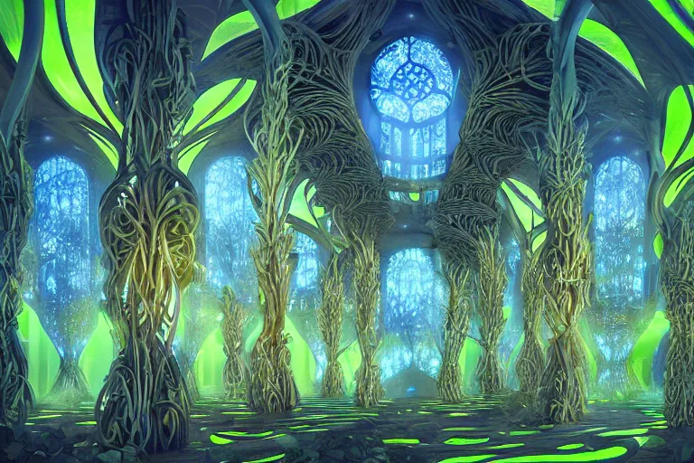 Prompt: futuristic foliage overgrowing detailed favela bioluminescence fungus hive, art nouveau environment, cathedral, award winning art, epic dreamlike fantasy landscape, ultra realistic,