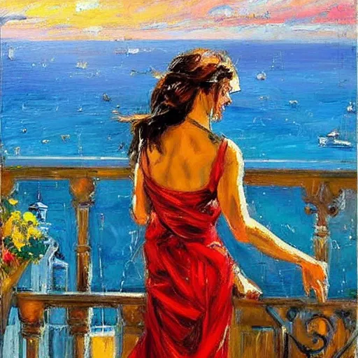 Image similar to the maiden standing on the balcony overlooking the aegean sea by andrew atroshenko