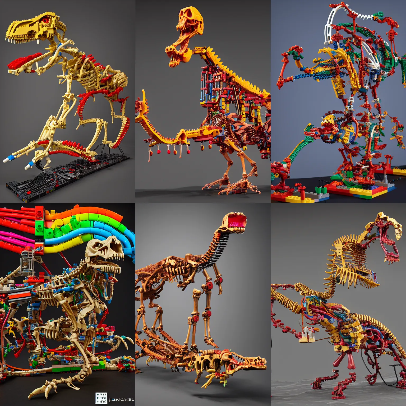 Prompt: Simple funny mechanic bionic lego dinosaur skeleton dissection sculpture made from rollercoaster, with colorfull jellybeans organs, cables, wires and tubes, by david lachapelle, by angus mckie, by rhads, in a dark empty black studio hollow, c4d, at night, rimlight, rimight, rimlight