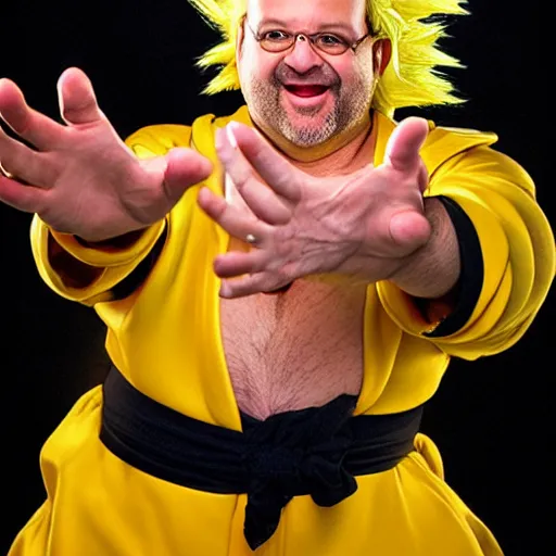 Image similar to uhd candid photo of jason alexander as a super sayian, glowing, global illumination, studio lighting, radiant light, detailed, correct face, elaborate intricate costume. photo by annie leibowitz