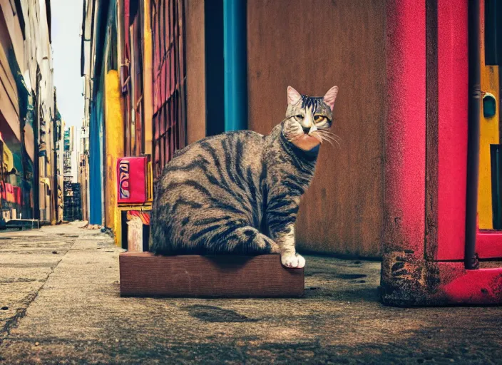 Image similar to photography of a Cat sitting on a box. in a cyberpunk street, award winning photo, saturated, colored, colors, 100mm, sharp, high res