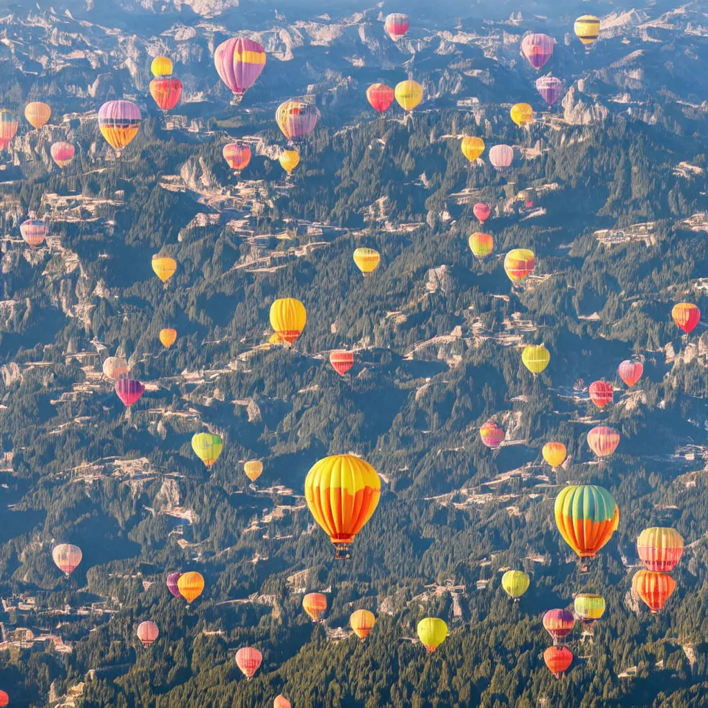 Image similar to sky parade of colorful zeppelins and balloons flying over swirling dolomites, birds eye view, casting shadows, light rays