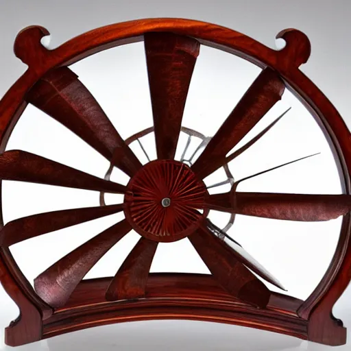 Prompt: intricate fan displayed on a mahogany desk