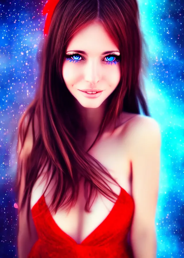 Image similar to epic digital photo portrait of stunning brunette woman, perfect face, blue eyes, smiling, red sapphire dress, hdr, 4 k, wlop, pixiv, gorgeous, much wow, cinematic