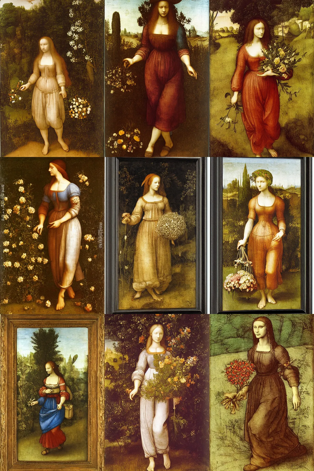 Prompt: woman holding a bunch of flowers, walking in a garden, by leonardo da vinci