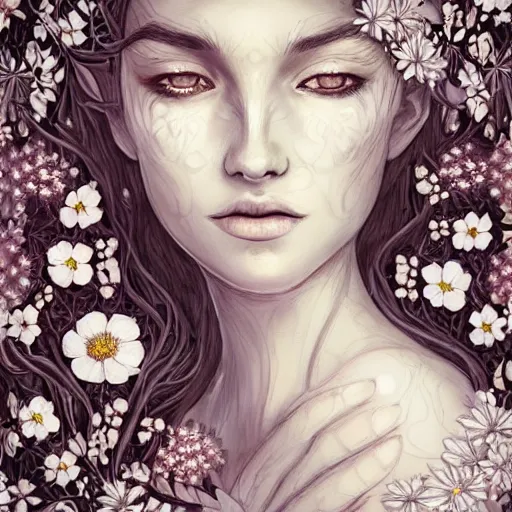 Image similar to a picture of a beautiful woman with a symmetrical detailed face, dressed in a white lace dress and covered in flowers and leaves sitting in an enchanted forest, sunset, high fantasy, elegant, epic, detailed, intricate, digital painting, concept art, realistic detailed face, smooth, focus,