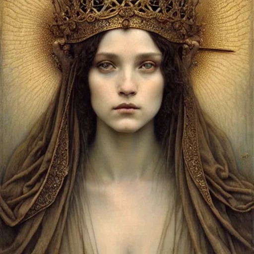 Image similar to detailed realistic beautiful young medieval queen face portrait by jean delville, tom bagshaw, brooke shaden, gustave dore and marco mazzoni, art nouveau, symbolist, visionary, gothic, pre - raphaelite, ornate gilded medieval icon, surreality, ethereal, unearthly, haunting, celestial, neo - gothic