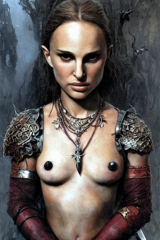 Image similar to young natalie portman, ultimate warrior, fighter, lord of the rings, tattoos, decorative ornaments, battle armor, omar ortiz, carl spitzweg, ismail inceoglu, vdragan bibin, hans thoma, greg rutkowski, alexandros pyromallis, perfect face, detailed, sharply focused, centered, rule of thirds, photorealistic shading