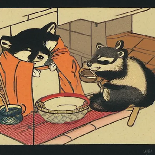 Image similar to little raccoon sitting by a cozy fireplace with a cup of tea. warm color temperature. ukiyo - e,