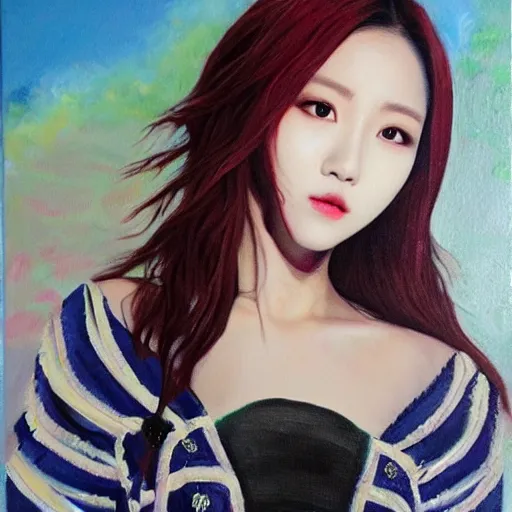 Prompt: Mina from Twice, detailed oil painting, intricate detail, trending, high fashion, realistic human