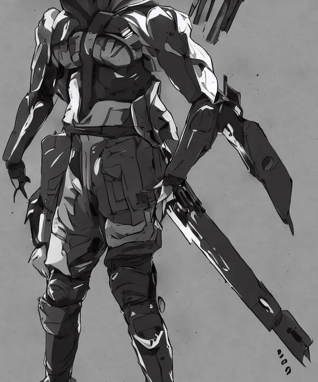 Prompt: concept art for an shonen anime protagonist in the style of metal gear in the style of metal gear rising trending on artstation deviantart pinterest detailed realistic hd 8 k high resolution