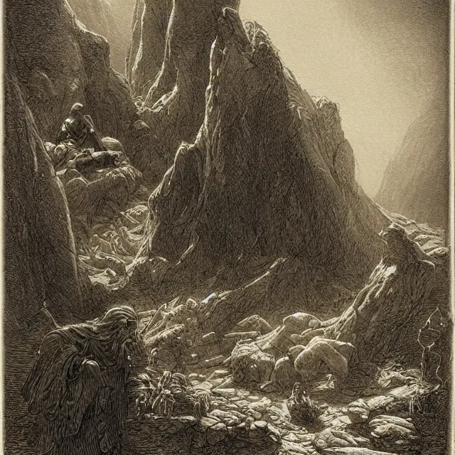 Image similar to etching by Franklin Booth and Gustav Doré showing frightened sorcerer in the desert by night, surrounded by nightmares in the shadows, mystic athmosphere, by Greg Rutkowski, deformed rocks, snakes, scorpions, UHD, 8K,