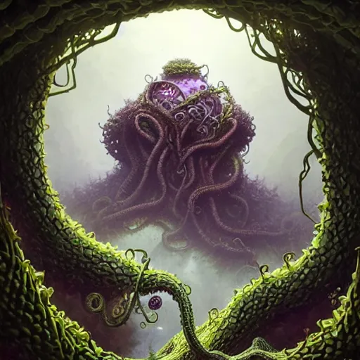 Image similar to On a domed structure made of tentacled rock vines, there is an orc fused and blended with the vines, a purple crystal pulsing in his chest, orc on vines, orc fused with vines, orc merged with vines, Peter Mohrbacher, artwork by Peter Mohrbacher