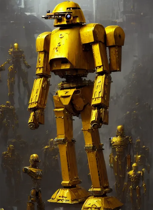 Prompt: human-sized strong intricate yellow pit droid carrying very detailed perfect antique great sword and beautiful large paladin shield, pancake short large head, exposed metal bones, painterly humanoid mecha, epic glorious, by Greg Rutkowski