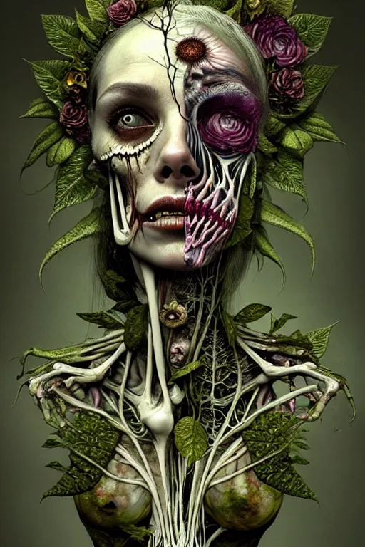 Image similar to very sad and detailed rotten woman corpse with fractal plants and fractal flowers growing around her face muscles, veins, arteries, bones, anatomical, skull, eye, ears, intricate, ornate, surreal, ray caesar, john constable, guy denning, dan hillier