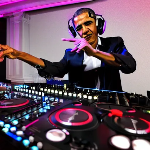 Image similar to professional photograph of president barack Obama DJing a party while wearing headphones, realistic, stock photo, 4K, professional journalistic photography, Getty images.