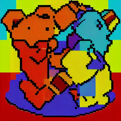 Prompt: pixel art bear fighting a pixel art demon, colorful, digital art
