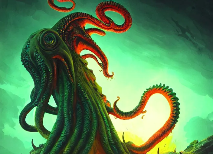 Prompt: A cthulhu, vibrant color scheme, highly detailed, in the style of romanticism, cinematic, artstation, Moebius, Greg rutkowski