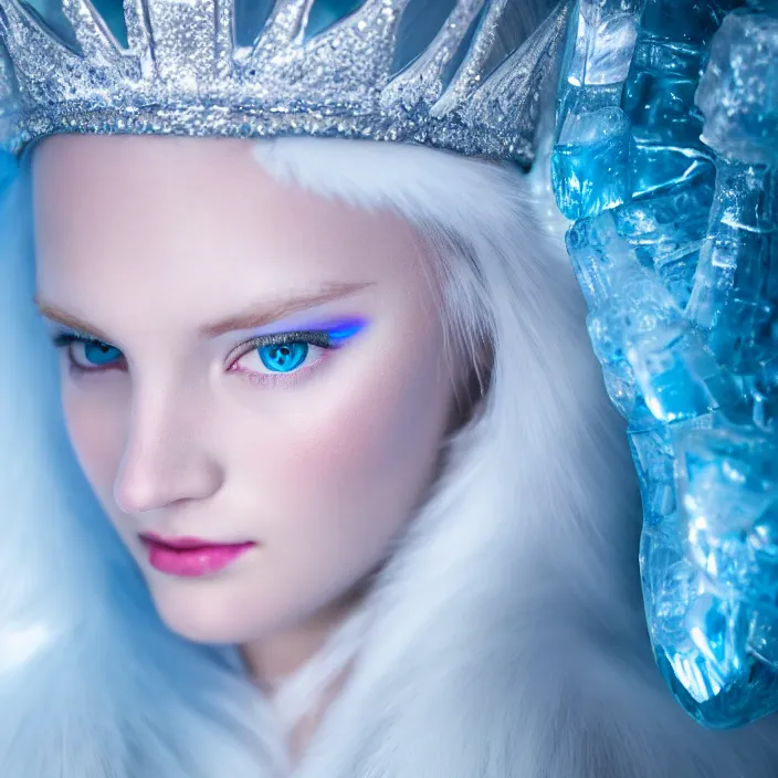 Image similar to portrait photograph of a real-life extremely beautiful!! ice queen, looking at the camera!!. super resolution. Extremely detailed.