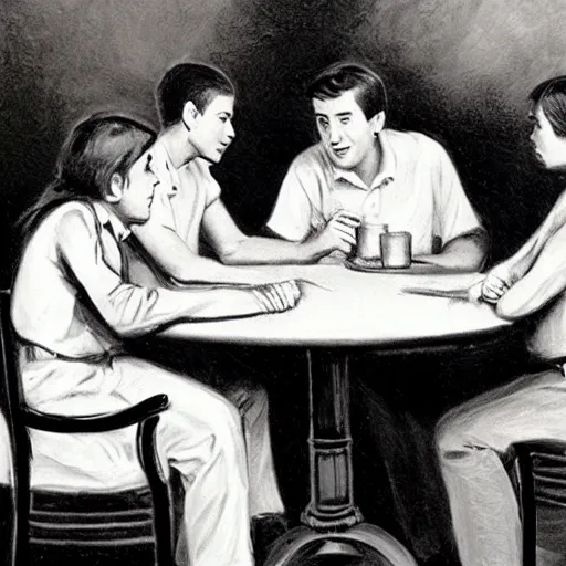 Prompt: Three students talking at a table artwork by Andrew Loomis